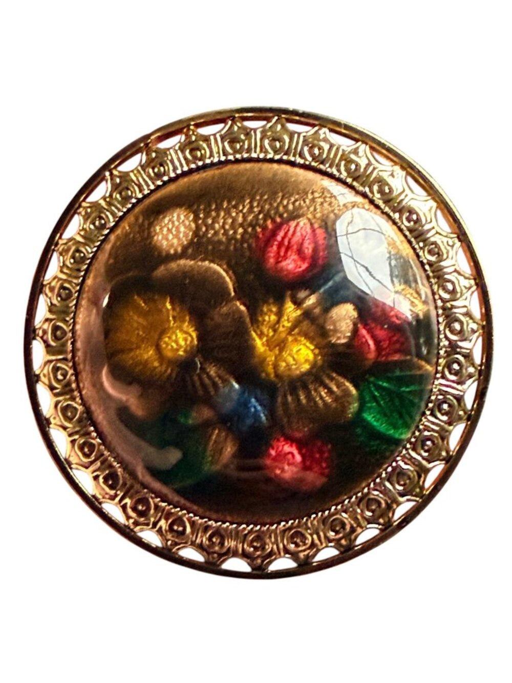 Vintage Reverse Carved Lucite Brooch Gold Tone Floral‎ Pin 1950s New Old Stock